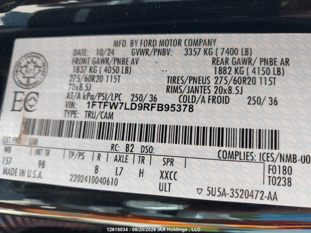 Продажа на аукционе авто 2024 Ford F-150 Platinum, vin: 1FTFW7LD9RFB95378, номер лота: 12615034