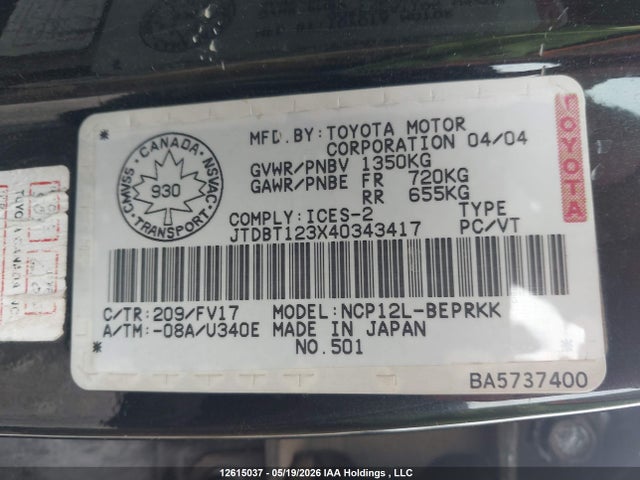 2004 Toyota Echo მანქანა იყიდება აუქციონზე, vin: JTDBT123X40343417, აუქციონის ნომერი: 12615037