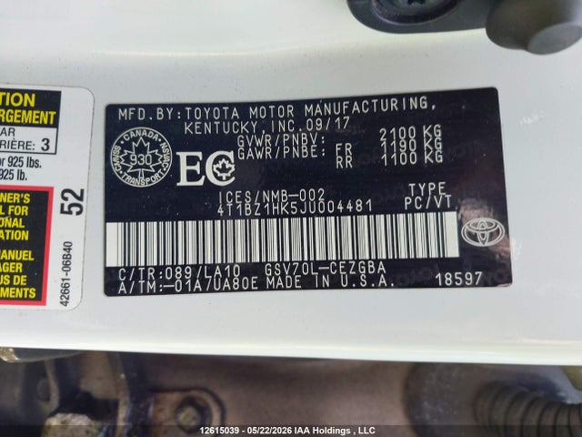 4T1BZ1HK5JU004481 Toyota Camry Xle V6
