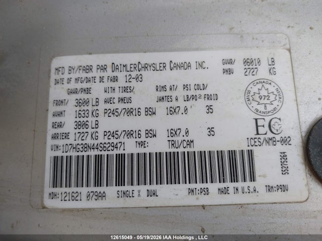 12615049 :رقم المزاد ، 1D7HG38N44S629471 vin ، 2004 Dodge Dakota Sport مزاد بيع