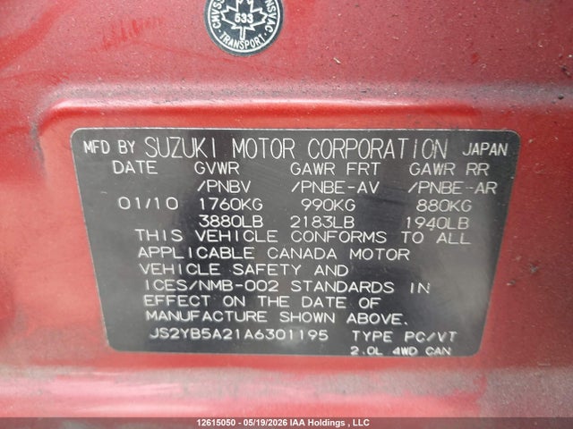 2010 Suzuki Sx4 Jx მანქანა იყიდება აუქციონზე, vin: JS2YB5A21A6301195, აუქციონის ნომერი: 12615050