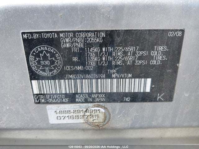 12615053 :رقم المزاد ، JTMBD33V186076194 vin ، 2008 Toyota Rav4 مزاد بيع