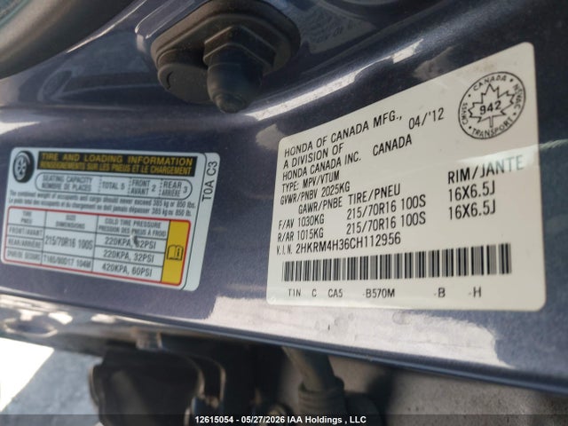 2012 Honda Cr-v Lx მანქანა იყიდება აუქციონზე, vin: 2HKRM4H36CH112956, აუქციონის ნომერი: 12615054