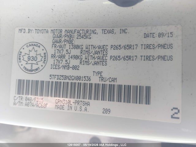 12615057 :رقم المزاد ، 5TFDZ5BN2GX001536 vin ، 2016 Toyota Tacoma Dbl Cab/sr5/trd Sport/or مزاد بيع