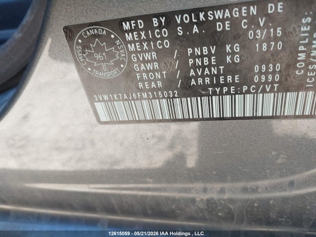 2015 Volkswagen Jetta მანქანა იყიდება აუქციონზე, vin: 3VW1K7AJ6FM315032, აუქციონის ნომერი: 12615059