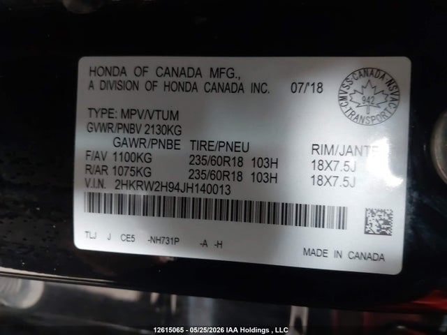 2HKRW2H94JH140013 Honda Cr-v Touring
