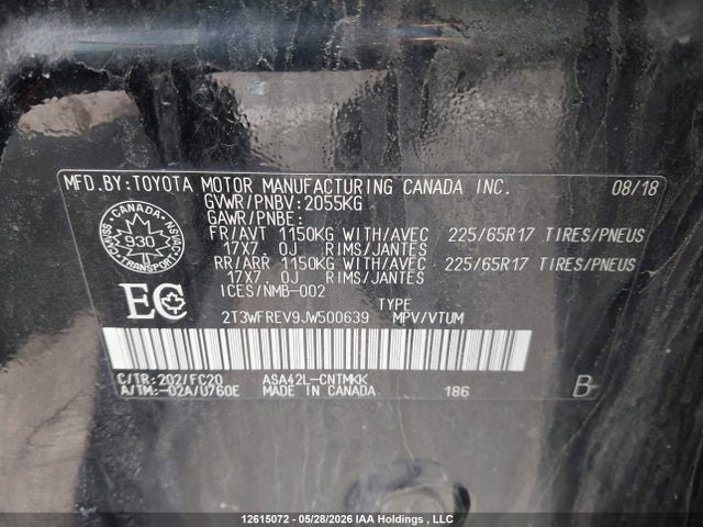 12615072 :رقم المزاد ، 2T3WFREV9JW500639 vin ، 2018 Toyota Rav4 Xle مزاد بيع