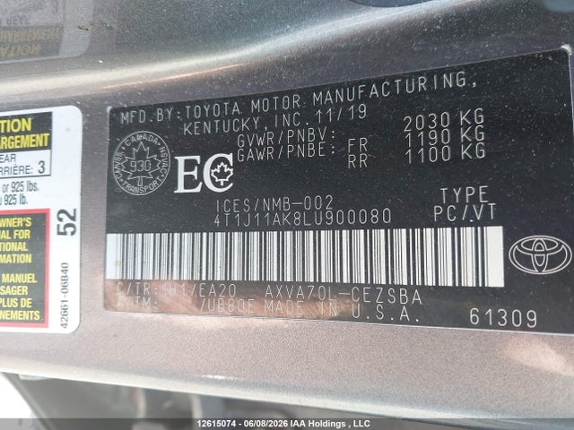 2020 Toyota Camry Se მანქანა იყიდება აუქციონზე, vin: 4T1J11AK8LU900080, აუქციონის ნომერი: 12615074