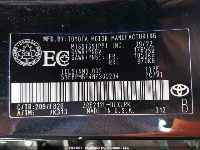 5YFBPMBE4NP365234 Toyota Corolla Le/xle