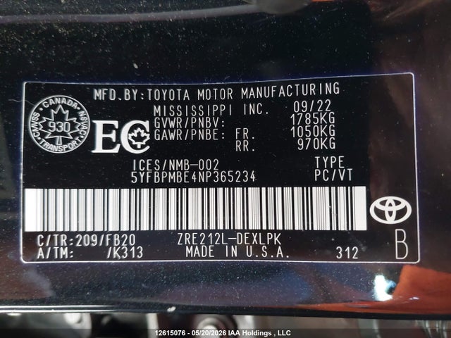 5YFBPMBE4NP365234 Toyota Corolla Le/xle