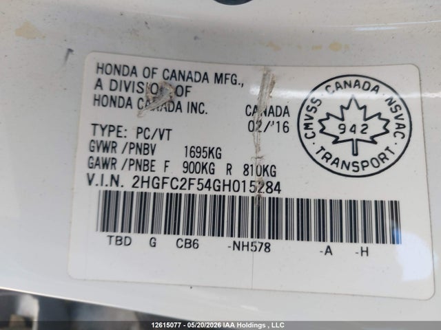 12615077 :رقم المزاد ، 2HGFC2F54GH015284 vin ، 2016 Honda Civic Lx مزاد بيع