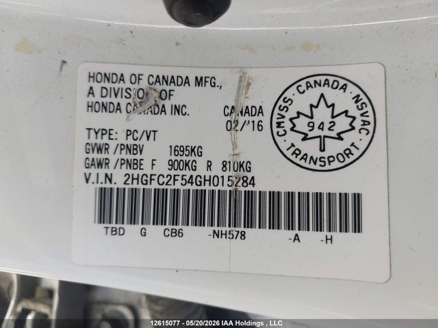 12615077 :رقم المزاد ، 2HGFC2F54GH015284 vin ، 2016 Honda Civic Lx مزاد بيع