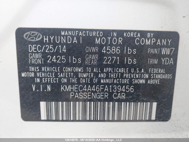Aukcja sprzedaży 2015 Hyundai Sonata Hybrid/limited, vin: KMHEC4A46FA139456, numer aukcji: 12615079