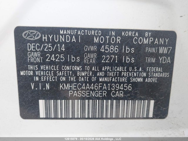 Aukcja sprzedaży 2015 Hyundai Sonata Hybrid/limited, vin: KMHEC4A46FA139456, numer aukcji: 12615079