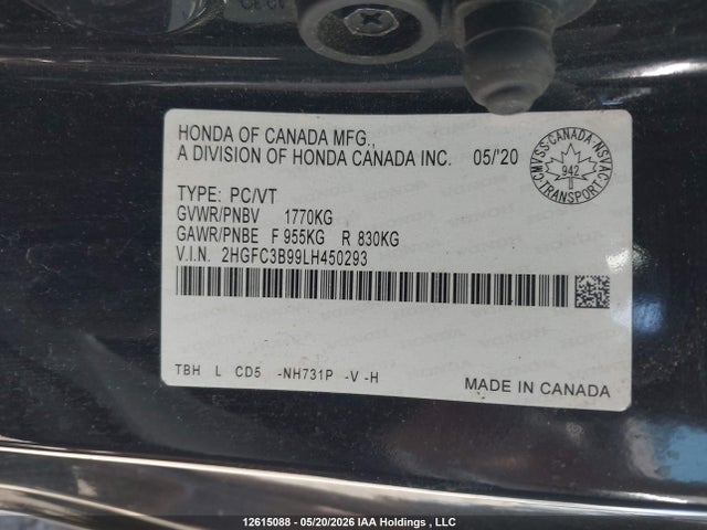 Aukcja sprzedaży 2020 Honda Civic Touring, vin: 2HGFC3B99LH450293, numer aukcji: 12615088