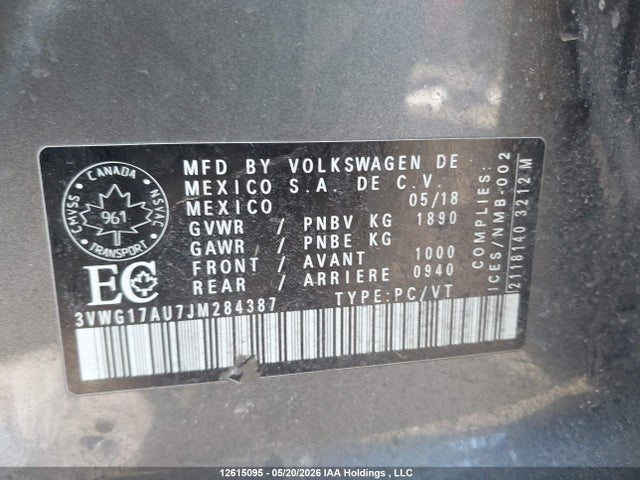 Auction sale of the 2018 Volkswagen Golf S/se, vin: 3VWG17AU7JM284387, lot number: 12615095