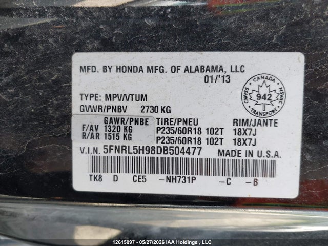 Aukcja sprzedaży 2013 Honda Odyssey, vin: 5FNRL5H98DB504477, numer aukcji: 12615097