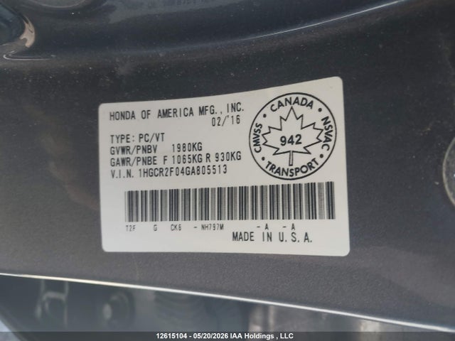 Продаж на аукціоні авто 2016 Honda Accord Touring, vin: 1HGCR2F04GA805513, номер лоту: 12615104