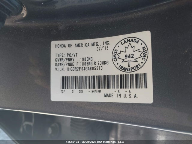 Продаж на аукціоні авто 2016 Honda Accord Touring, vin: 1HGCR2F04GA805513, номер лоту: 12615104