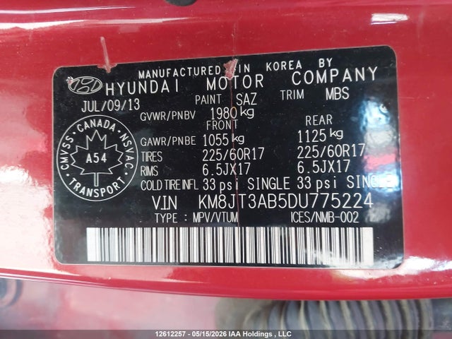 2013 Hyundai Tucson L მანქანა იყიდება აუქციონზე, vin: KM8JT3AB5DU775224, აუქციონის ნომერი: 12612257
