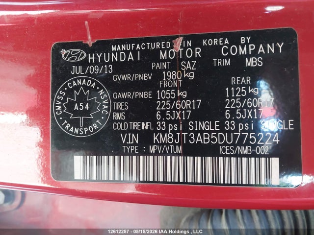 2013 Hyundai Tucson L მანქანა იყიდება აუქციონზე, vin: KM8JT3AB5DU775224, აუქციონის ნომერი: 12612257