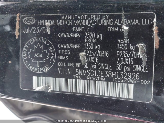 Продаж на аукціоні авто 2008 Hyundai Santa Fe Gl/gls, vin: 5NMSG13E38H132926, номер лоту: 12611137