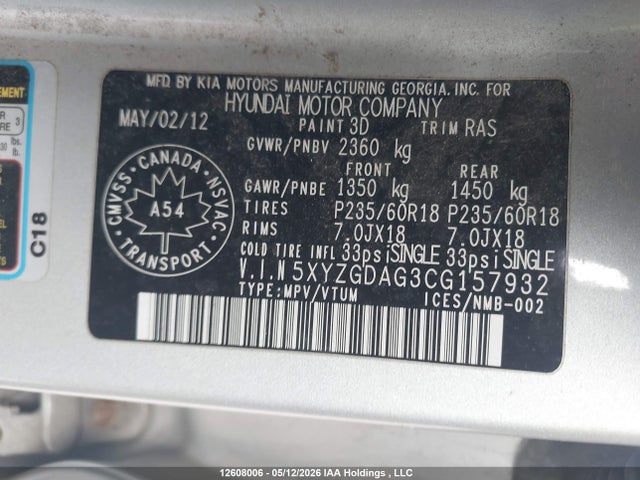 2012 Hyundai Santa Fe Gl 3.5 Sport მანქანა იყიდება აუქციონზე, vin: 5XYZGDAG3CG157932, აუქციონის ნომერი: 12608006