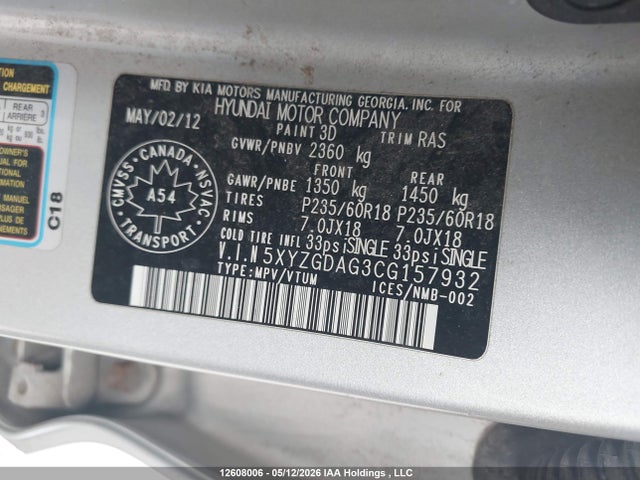 2012 Hyundai Santa Fe Gl 3.5 Sport მანქანა იყიდება აუქციონზე, vin: 5XYZGDAG3CG157932, აუქციონის ნომერი: 12608006
