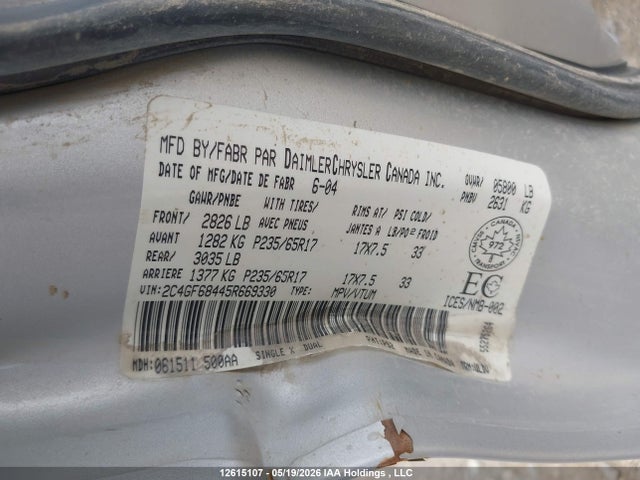 12615107 :رقم المزاد ، 2C4GF68445R669330 vin ، 2005 Chrysler Pacifica Touring مزاد بيع