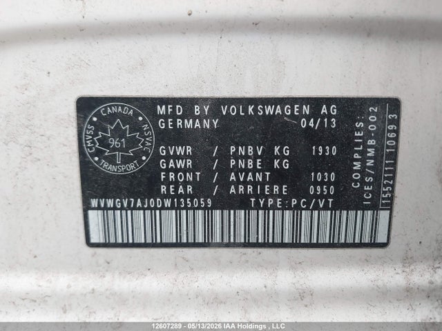 2013 Volkswagen Golf Gti 5-door/5-door Wolfsburg Edition მანქანა იყიდება აუქციონზე, vin: WVWGV7AJ0DW135059, აუქციონის ნომერი: 12607289