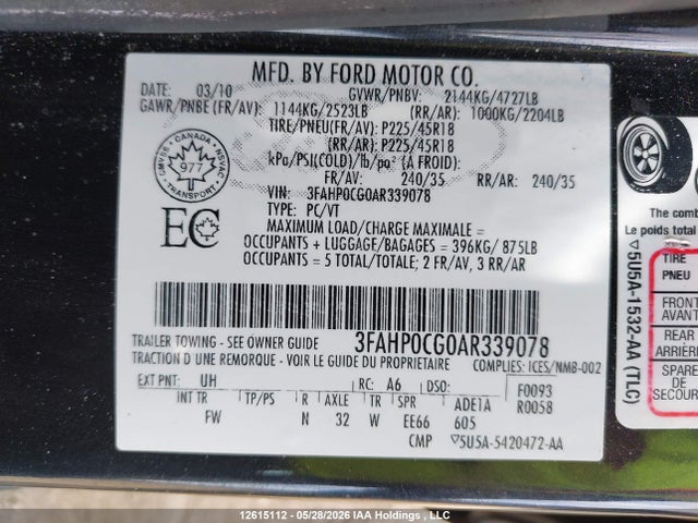 Aukcja sprzedaży 2010 Ford Fusion Sel, vin: 3FAHP0CG0AR339078, numer aukcji: 12615112