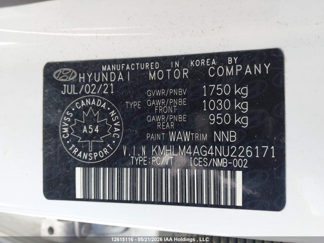 12615116 :رقم المزاد ، KMHLM4AG4NU226171 vin ، 2022 Hyundai Elantra Preferred Ivt مزاد بيع