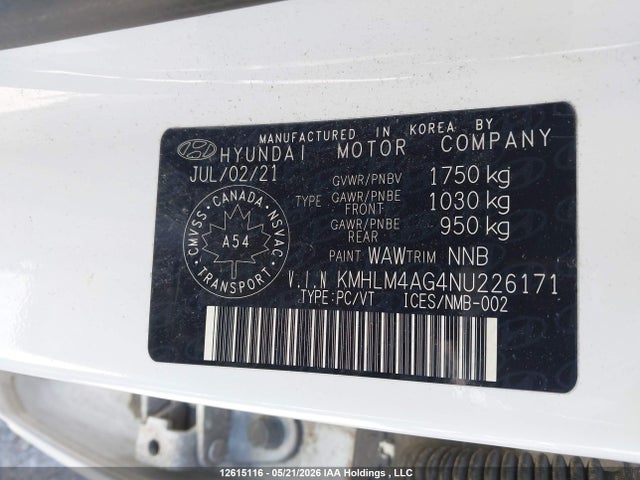 12615116 :رقم المزاد ، KMHLM4AG4NU226171 vin ، 2022 Hyundai Elantra Preferred Ivt مزاد بيع