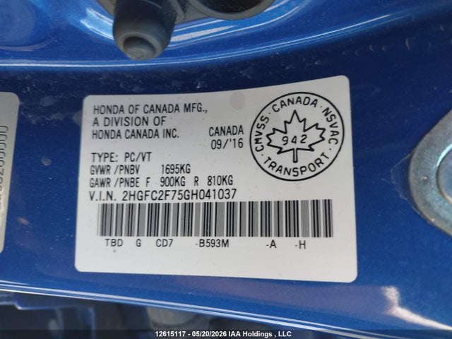 2016 Honda Civic Ex მანქანა იყიდება აუქციონზე, vin: 2HGFC2F75GH041037, აუქციონის ნომერი: 12615117