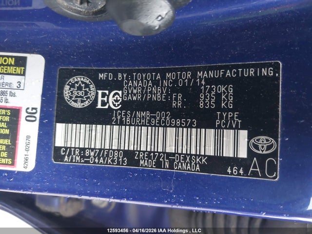 2014 Toyota Corolla S მანქანა იყიდება აუქციონზე, vin: 2T1BURHE9EC098573, აუქციონის ნომერი: 12593456