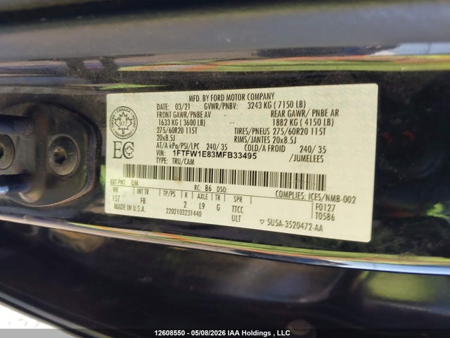 Продаж на аукціоні авто 2021 Ford F-150 Xlt, vin: 1FTFW1E83MFB33495, номер лоту: 12608550