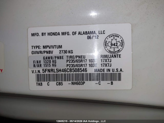 Продажа на аукционе авто 2012 Honda Odyssey Ex, vin: 5FNRL5H46CB508546, номер лота: 12605215