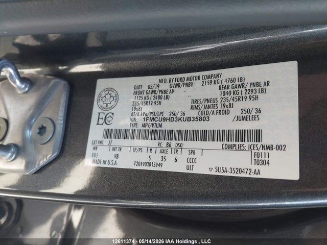 Продажа на аукционе авто 2019 Ford Escape Sel, vin: 1FMCU9HD3KUB35803, номер лота: 12611374