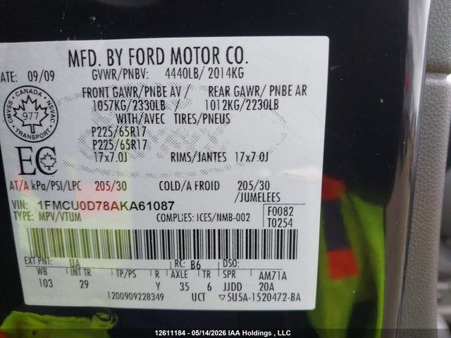 Aukcja sprzedaży 2010 Ford Escape Xlt Automatic/xlt Manual, vin: 1FMCU0D78AKA61087, numer aukcji: 12611184