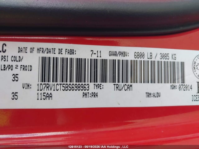 Aukcja sprzedaży 2011 Dodge Ram 1500, vin: 1D7RV1CT5BS698963, numer aukcji: 12615123