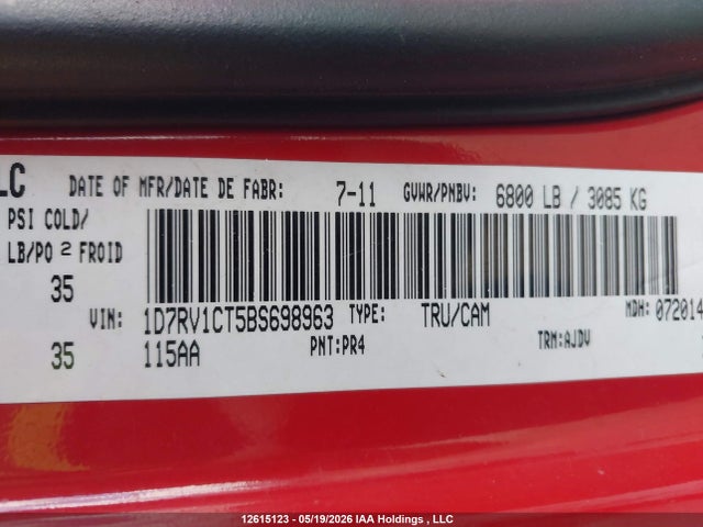 Aukcja sprzedaży 2011 Dodge Ram 1500, vin: 1D7RV1CT5BS698963, numer aukcji: 12615123