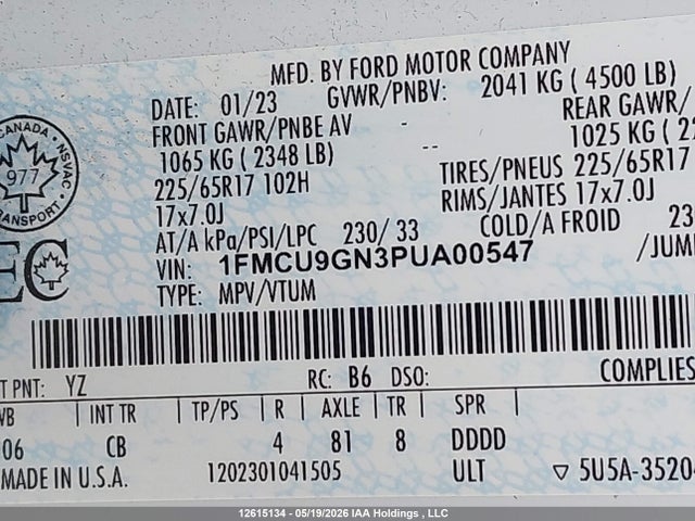 Продажа на аукционе авто 2023 Ford Escape Active, vin: 1FMCU9GN3PUA00547, номер лота: 12615134
