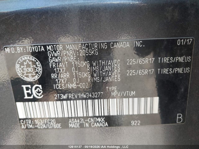Aukcja sprzedaży 2017 Toyota Rav4 Xle, vin: 2T3WFREV1HW343277, numer aukcji: 12615137