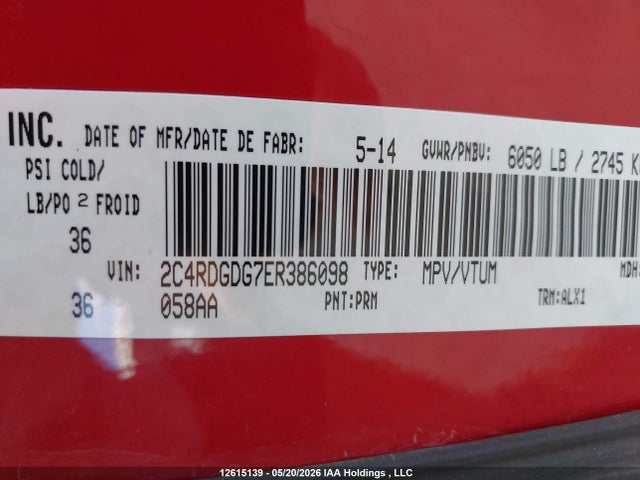 2014 Dodge Grand Caravan მანქანა იყიდება აუქციონზე, vin: 2C4RDGDG7ER386098, აუქციონის ნომერი: 12615139