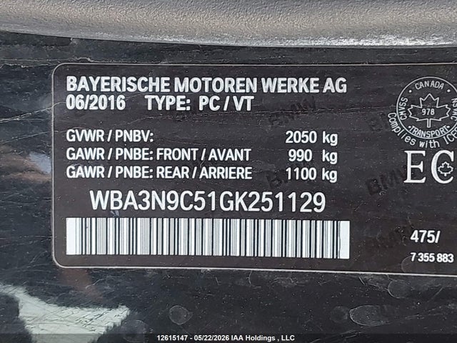 12615147 :رقم المزاد ، WBA3N9C51GK251129 vin ، 2016 Bmw 428 Xi مزاد بيع