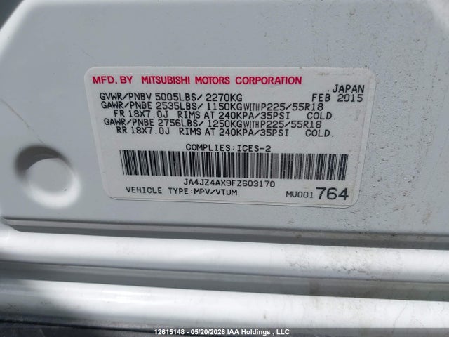 Aukcja sprzedaży 2015 Mitsubishi Outlander, vin: JA4JZ4AX9FZ603170, numer aukcji: 12615148