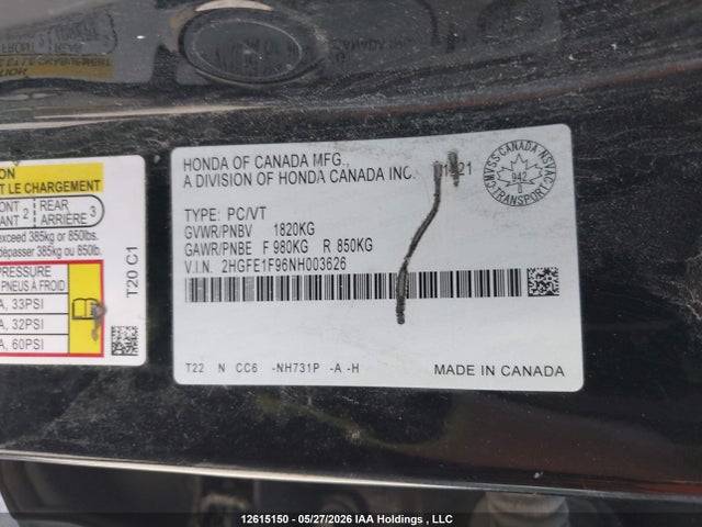 Aukcja sprzedaży 2022 Honda Civic Touring, vin: 2HGFE1F96NH003626, numer aukcji: 12615150