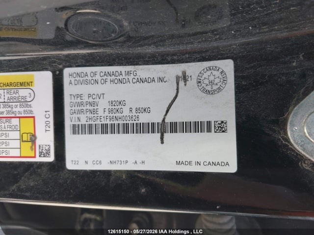 Aukcja sprzedaży 2022 Honda Civic Touring, vin: 2HGFE1F96NH003626, numer aukcji: 12615150