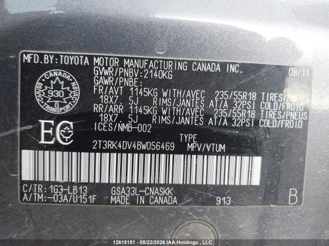 12615151 :رقم المزاد ، 2T3RK4DV4BW056469 vin ، 2011 Toyota Rav4 Sport V6 مزاد بيع