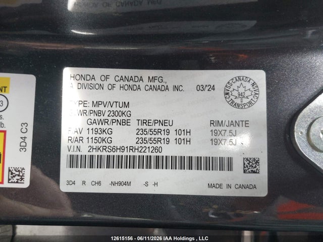 Продажа на аукционе авто 2024 Honda Cr-v Hybrid, vin: 2HKRS6H91RH221260, номер лота: 12615156
